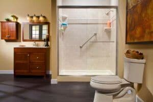 Almond_Shower_Base_with_Travertine_8x10_Walls_and_Brushed_Nickel_and_Listello_Photo3_IMG_1351_HR