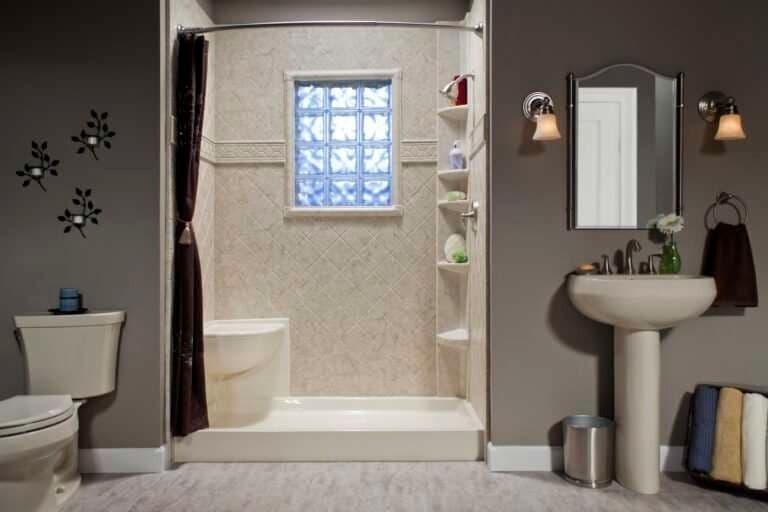 Biscuit_Shower_w_Corner_Shower_Seat_Brecchia__Diamond_Tile_Polished_Chrome_IMG_0545_